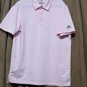 Mens Adidas White/Pink Striped Golf Polo